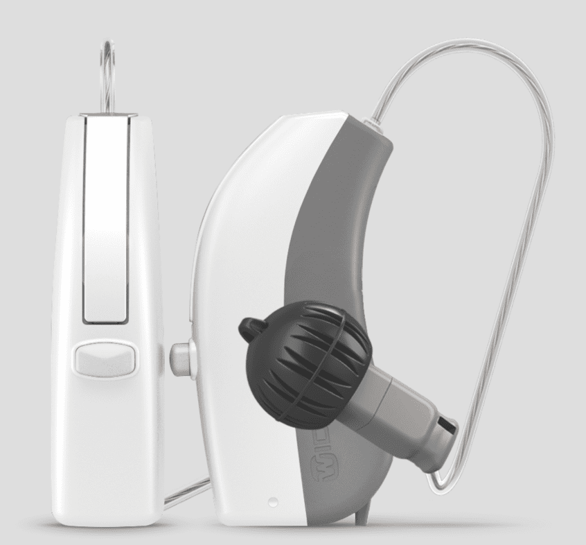two white and grey hearing aids