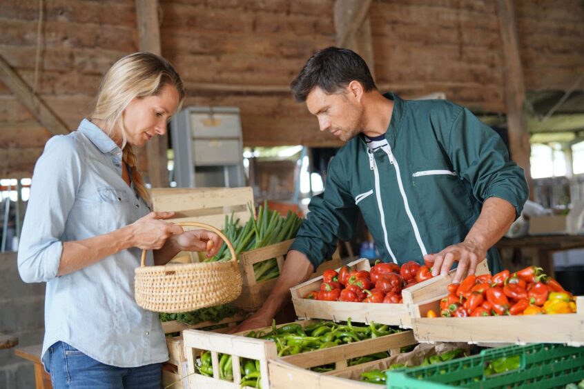 Two people shopping for produce in an open-air style market setting.