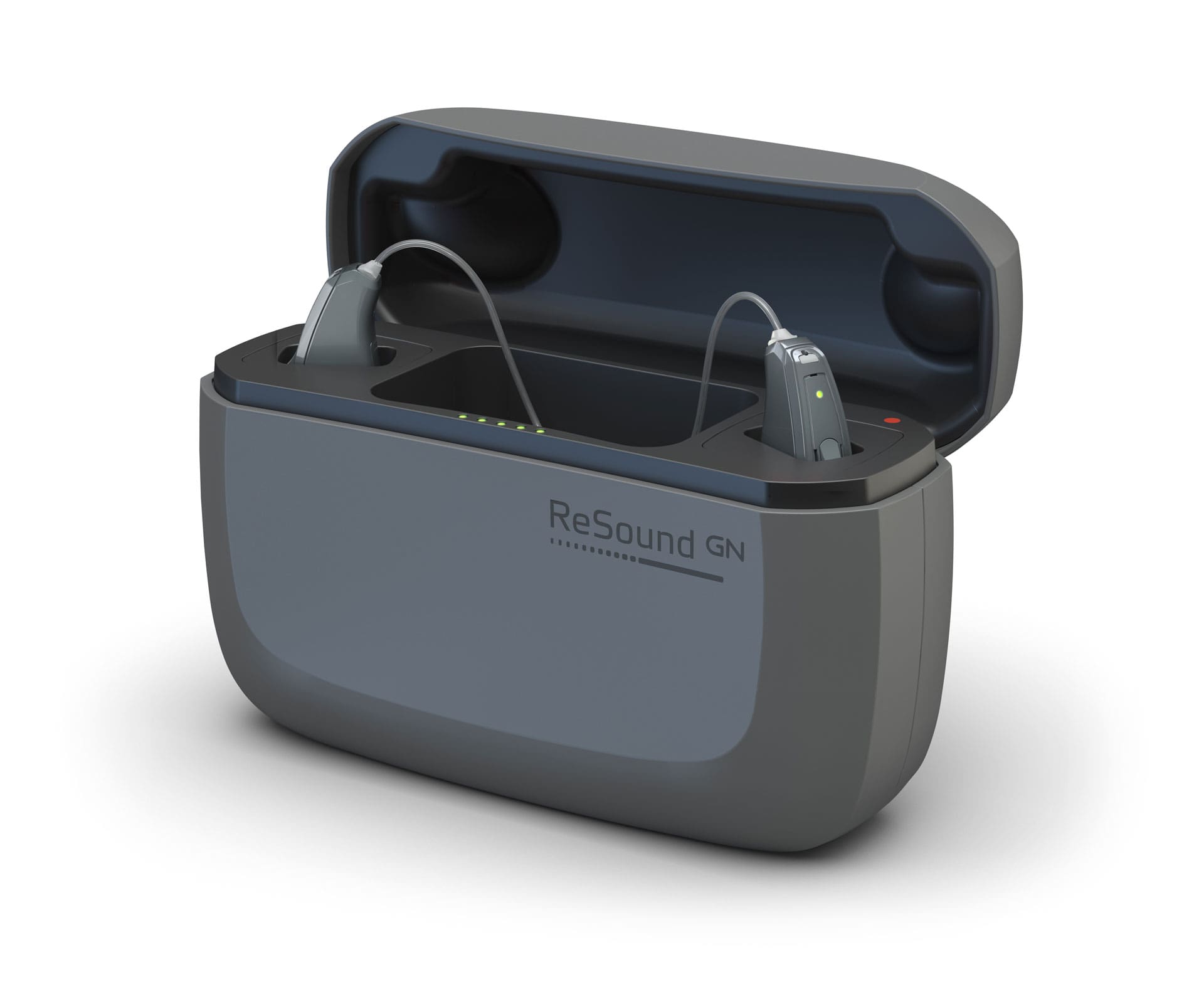A representation of ReSound GN rechargeable hearing aids, including a carrying case doubling as a charging station.