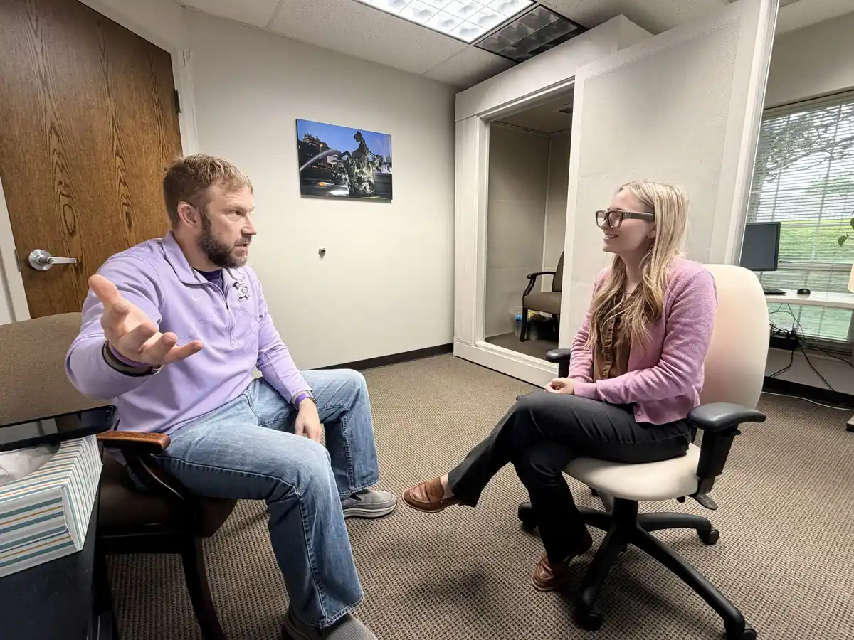 Jon Carlson at Associated Audiologists Kansas City Northland clinic with Meta AI glasses